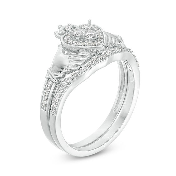 1/4 CT. T.w. Composite Diamond Claddagh Bridal Set in 10K White Gold