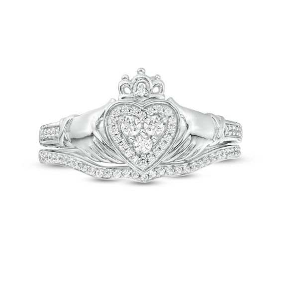 1/4 CT. T.w. Composite Diamond Claddagh Bridal Set in 10K White Gold