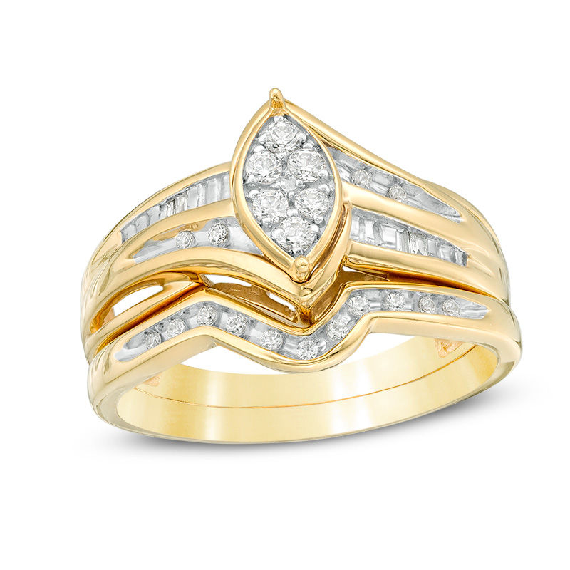 Main Image 1 of 1/4 CT. T.W. Marquise Composite Diamond Bridal Set in Sterling Silver with 14K Gold Plate