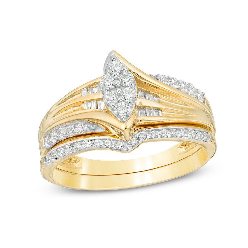 Main Image 1 of 1/2 CT. T.W. Marquise Composite Diamond Bypass Bridal Set in 10K Gold