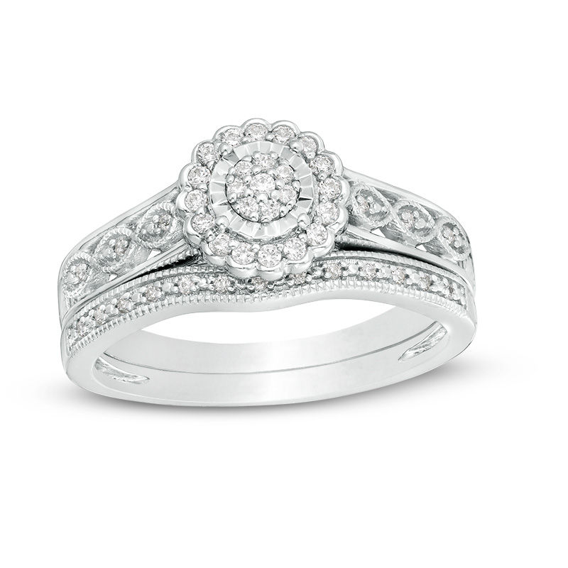 Main Image 1 of 1/5 CT. T.W. Composite Diamond Flower Frame Vintage-Style Bridal Set in Sterling Silver