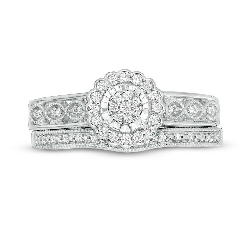 1/5 CT. T.W. Composite Diamond Flower Frame Vintage-Style Bridal Set in Sterling Silver