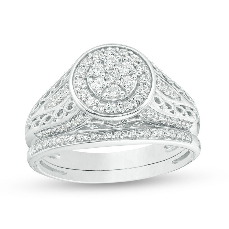Main Image 1 of 1/2 CT. T.W. Composite Diamond Double Frame Filigree Bridal Set in Sterling Silver