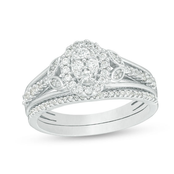 1/2 CT. T.w. Oval Composite Diamond Leaf-Sides Bridal Set in Sterling Silver