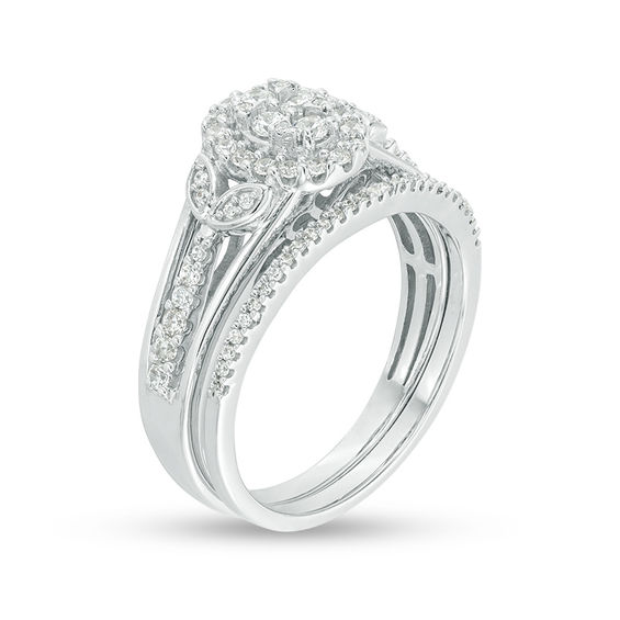 1/2 CT. T.w. Oval Composite Diamond Leaf-Sides Bridal Set in Sterling Silver