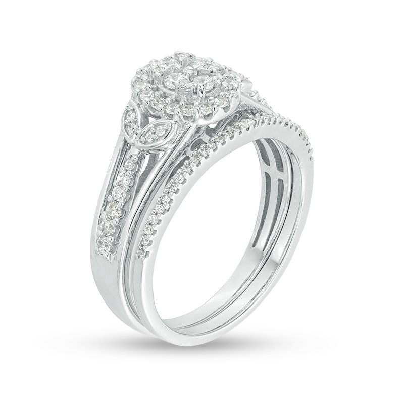 Main Image 2 of 1/2 CT. T.W. Oval Composite Diamond Leaf-Sides Bridal Set in Sterling Silver
