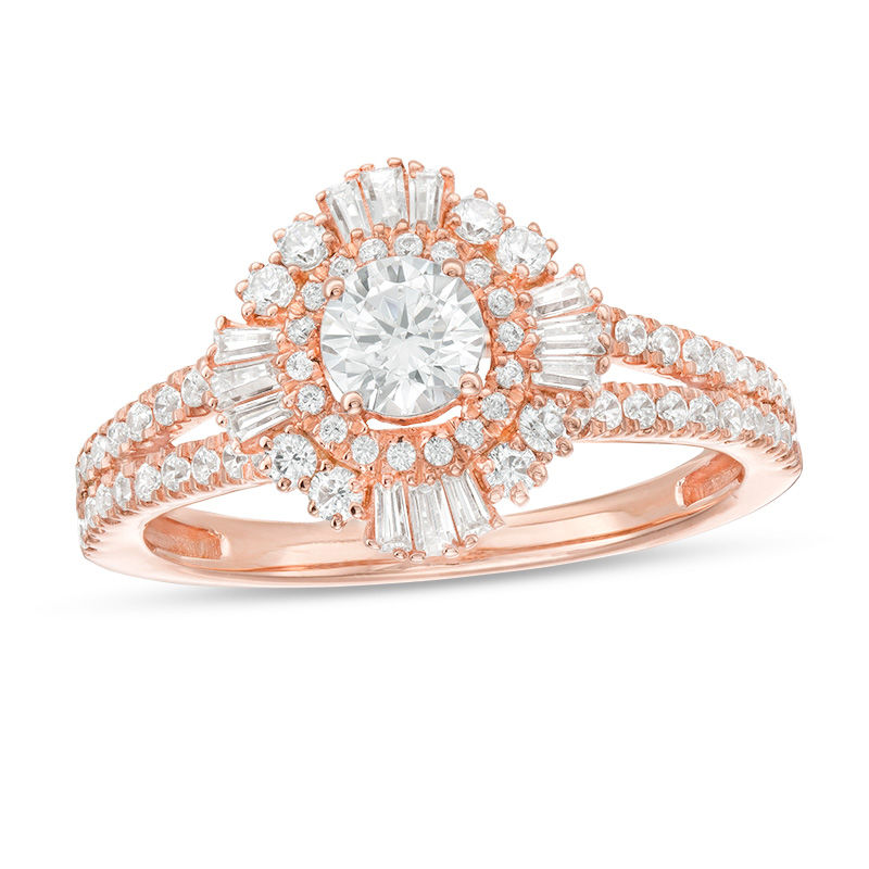 Main Image 1 of 1 CT. T.W. Baguette and Round Diamond Starburst Frame Art Deco Engagement Ring in 14K Rose Gold