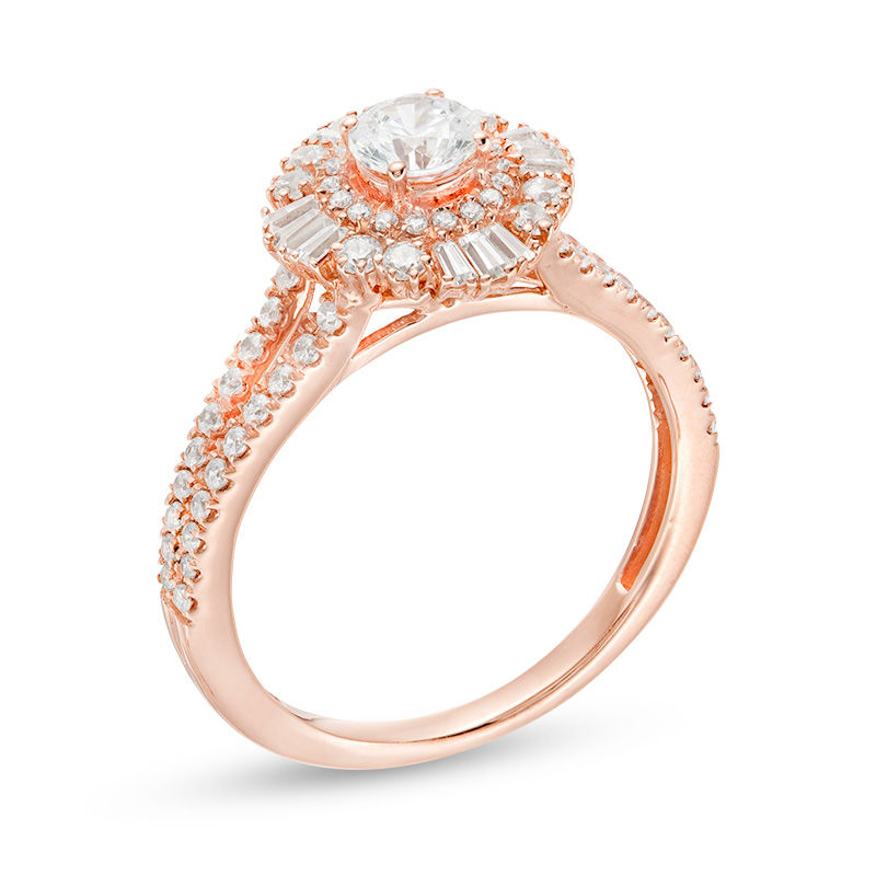 Main Image 3 of 1 CT. T.W. Baguette and Round Diamond Starburst Frame Art Deco Engagement Ring in 14K Rose Gold