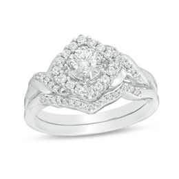 1/2 CT. T.W. Diamond Tilted Square Frame Twist Bridal Set in Sterling Silver