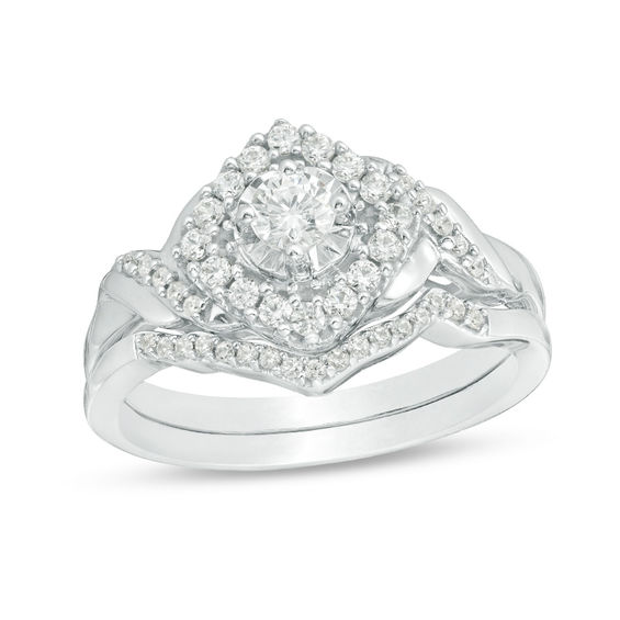 1/2 CT. T.w. Diamond Tilted Square Frame Twist Bridal Set in Sterling Silver