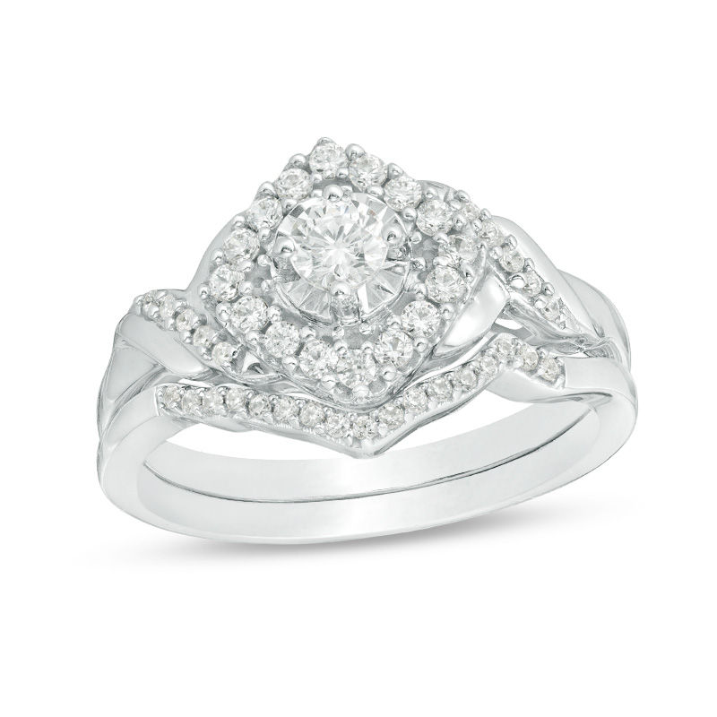 Main Image 1 of 1/2 CT. T.W. Diamond Tilted Square Frame Twist Bridal Set in Sterling Silver