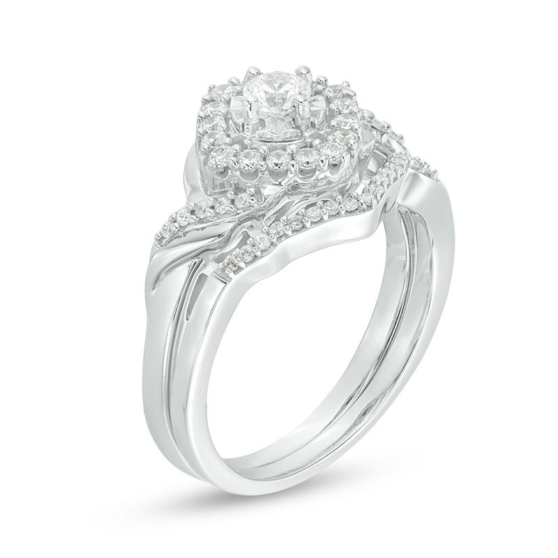 Main Image 2 of 1/2 CT. T.W. Diamond Tilted Square Frame Twist Bridal Set in Sterling Silver
