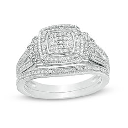 1/5 CT. T.W. Composite Diamond Cushion Frame with Flower Sides Vintage-Style Bridal Set in Sterling Silver
