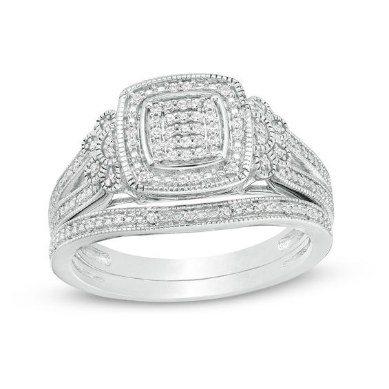 1/5 CT. T.w. Composite Diamond Cushion Frame with Flower Sides Vintage-Style Bridal Set in Sterling Silver