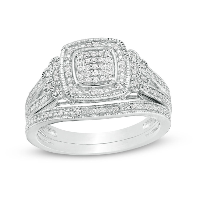 Main Image 1 of 1/5 CT. T.W. Composite Diamond Cushion Frame with Flower Sides Vintage-Style Bridal Set in Sterling Silver
