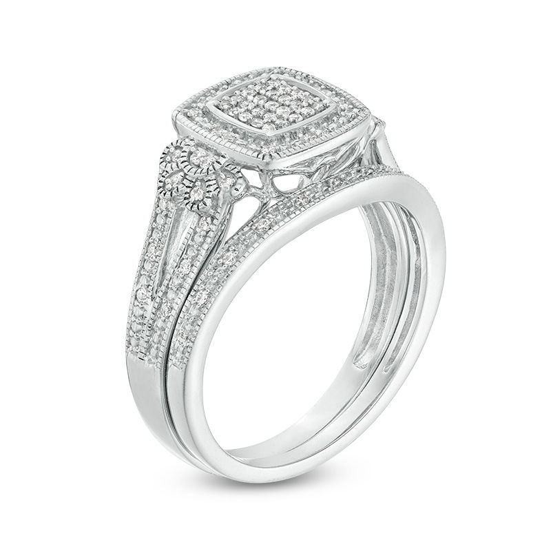 Main Image 3 of 1/5 CT. T.W. Composite Diamond Cushion Frame with Flower Sides Vintage-Style Bridal Set in Sterling Silver