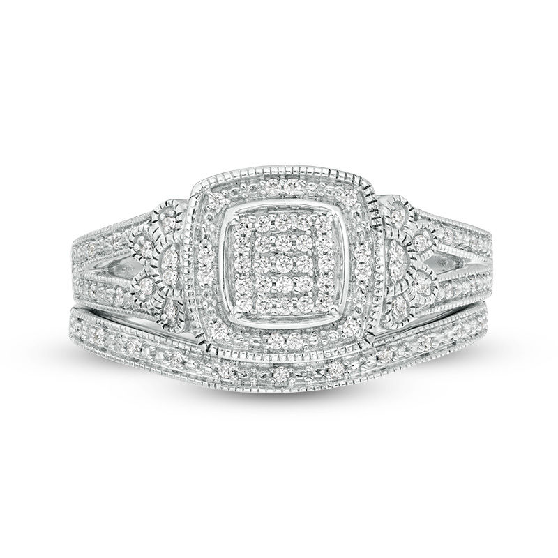 Main Image 4 of 1/5 CT. T.W. Composite Diamond Cushion Frame with Flower Sides Vintage-Style Bridal Set in Sterling Silver