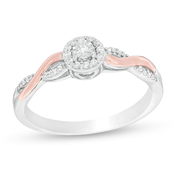1/8 CT. T.w. Diamond Frame Twist Shank Promise Ring in Sterling Silver and 10K Rose Gold