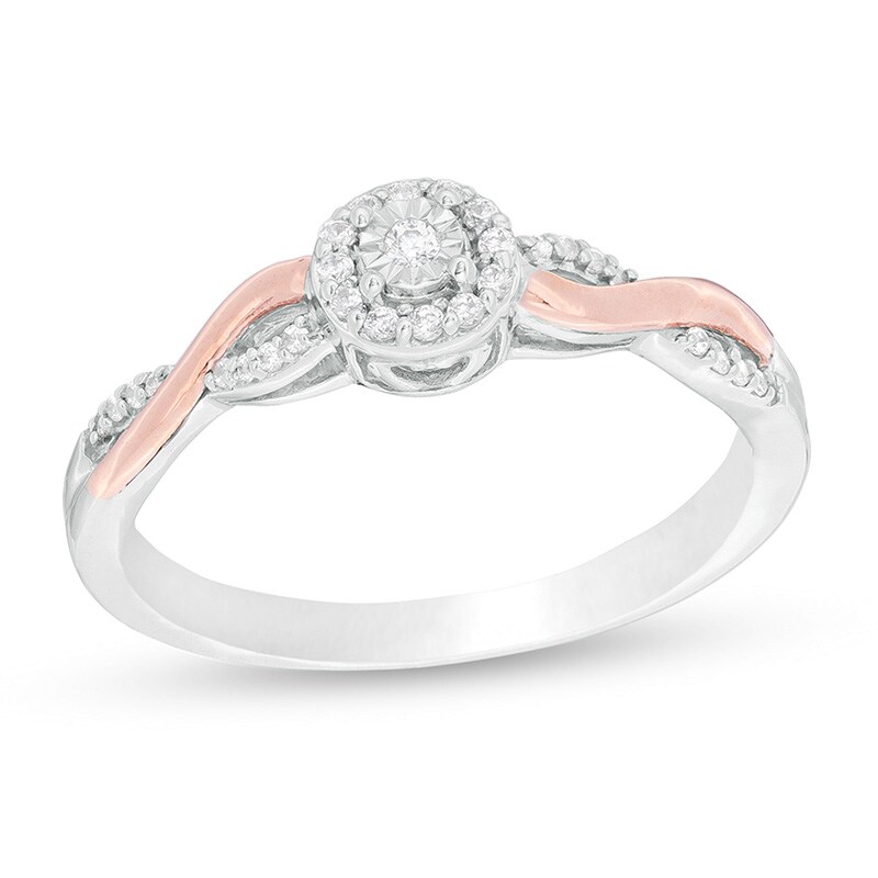 Main Image 1 of 1/8 CT. T.W. Diamond Frame Twist Shank Promise Ring in Sterling Silver and 10K Rose Gold