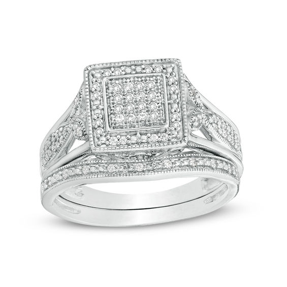 1/5 CT. T.w. Composite Diamond Square Frame Vintage-Style Bridal Set in Sterling Silver