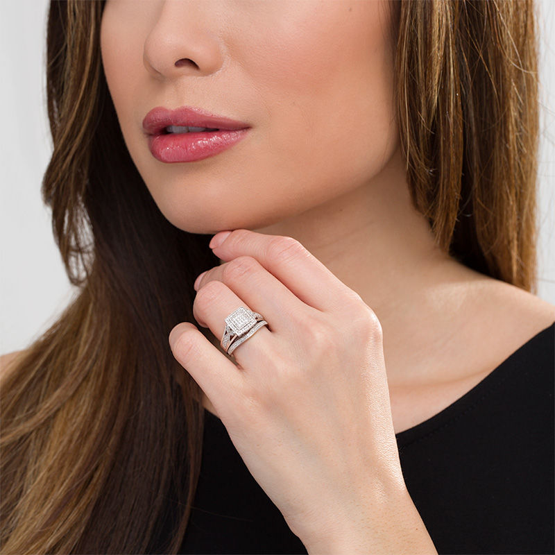 Main Image 2 of 1/5 CT. T.W. Composite Diamond Square Frame Vintage-Style Bridal Set in Sterling Silver