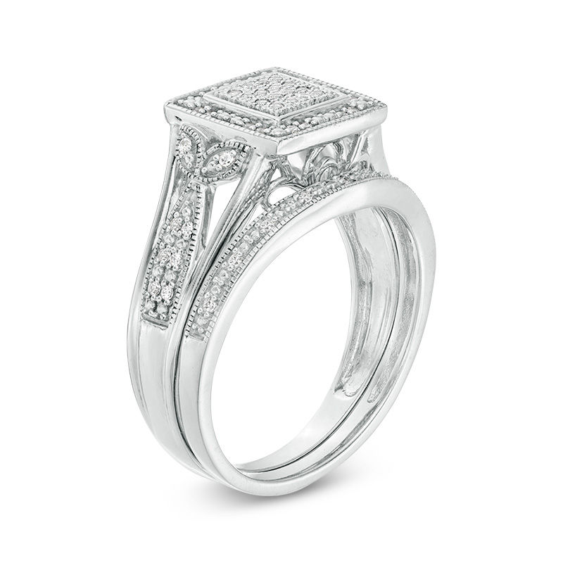 Main Image 3 of 1/5 CT. T.W. Composite Diamond Square Frame Vintage-Style Bridal Set in Sterling Silver