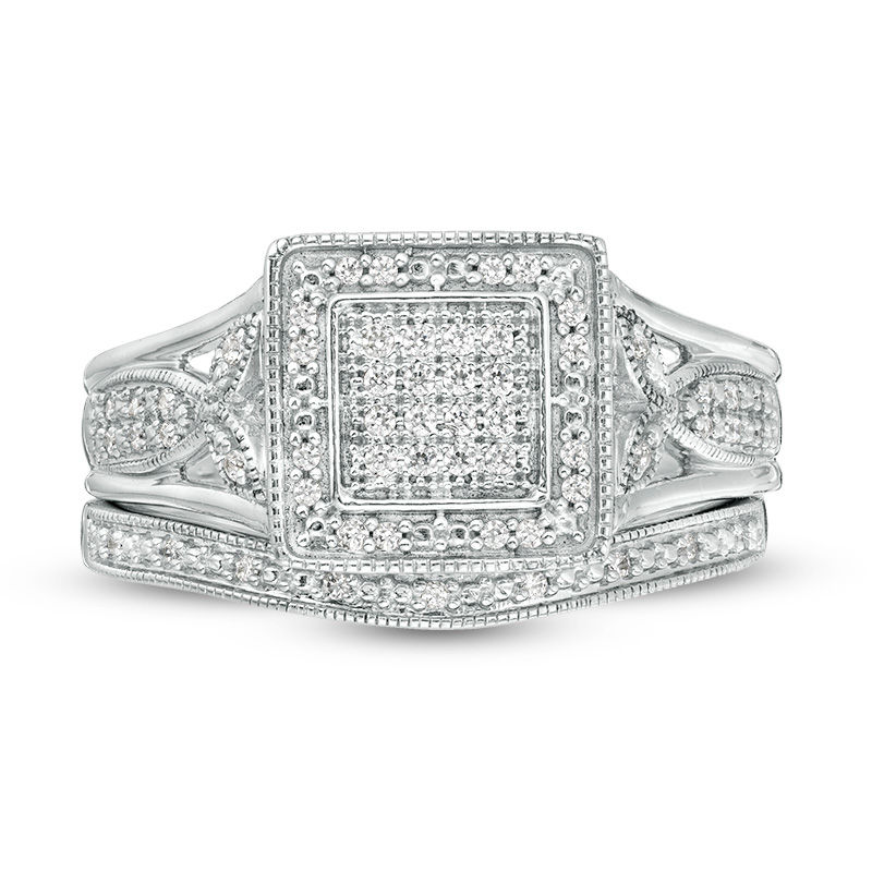 Main Image 4 of 1/5 CT. T.W. Composite Diamond Square Frame Vintage-Style Bridal Set in Sterling Silver