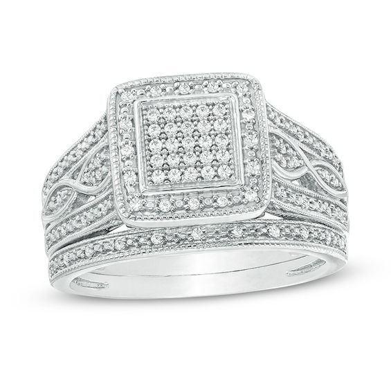 1/4 CT. T.w. Composite Diamond Square Frame Multi-Row Vintage-Style Bridal Set in Sterling Silver