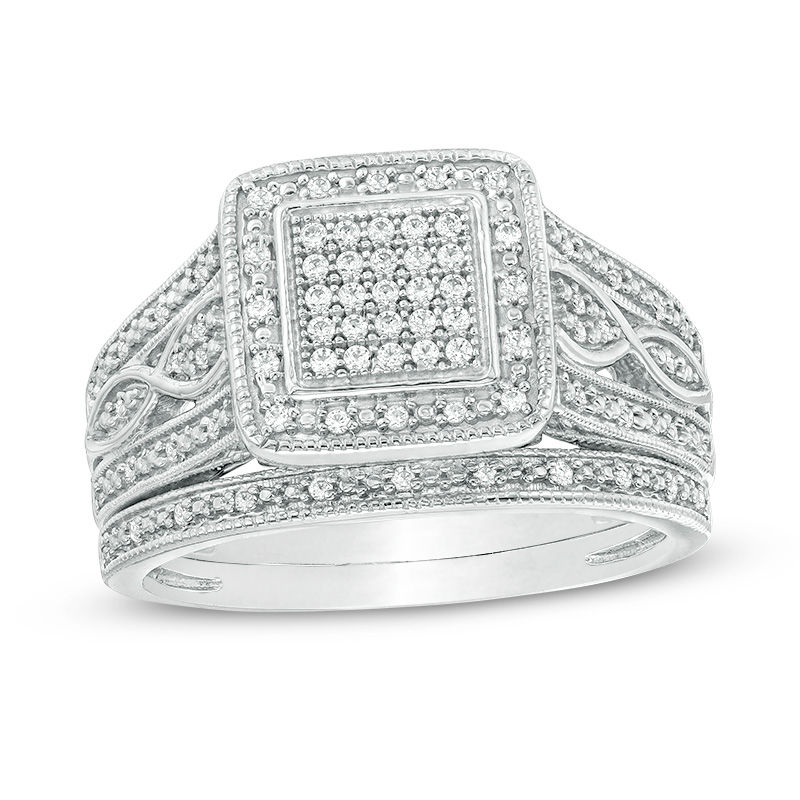 Main Image 1 of 1/4 CT. T.W. Composite Diamond Square Frame Multi-Row Vintage-Style Bridal Set in Sterling Silver