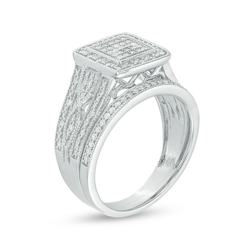 Main Image 2 of 1/4 CT. T.W. Composite Diamond Square Frame Multi-Row Vintage-Style Bridal Set in Sterling Silver