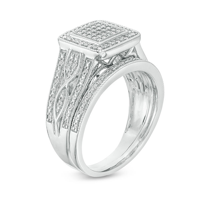 Main Image 3 of 1/4 CT. T.W. Composite Diamond Square Frame Multi-Row Vintage-Style Bridal Set in Sterling Silver