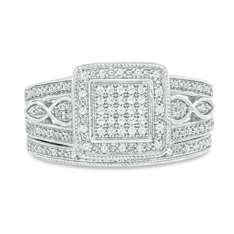 Main Image 4 of 1/4 CT. T.W. Composite Diamond Square Frame Multi-Row Vintage-Style Bridal Set in Sterling Silver