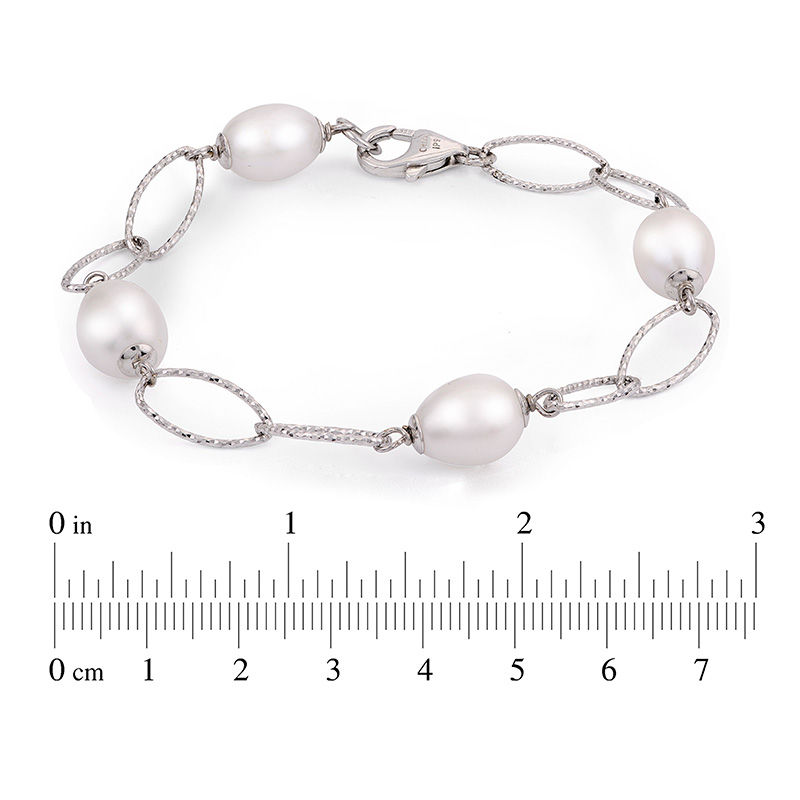 8.5-9.0mm Oval Freshwater Cultured Pearl Station and Diamond-Cut Link Bracelet in Sterling Silver