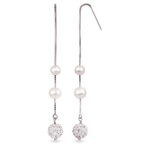 5.0-6.0mm Oval Freshwater Cultured Pearl and Crystal Station Threader Earrings in Sterling Silver