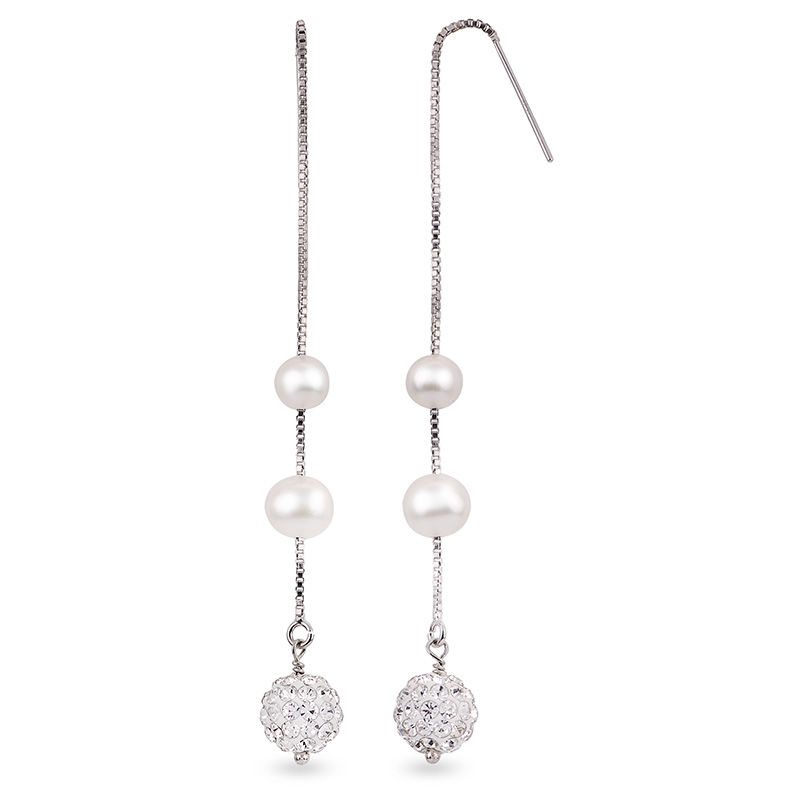 Main Image 1 of 5.0-6.0mm Oval Freshwater Cultured Pearl and Crystal Station Threader Earrings in Sterling Silver