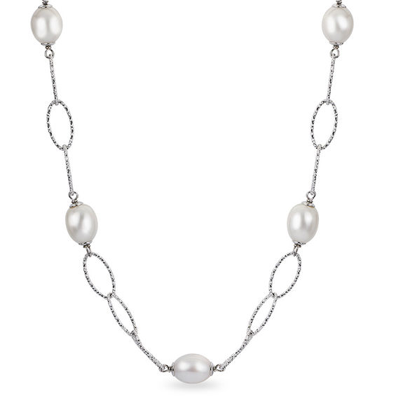 8.5-9.0mm Oval Freshwater Cultured Pearl and Diamond-Cut Link Necklace in Sterling Silver-17"