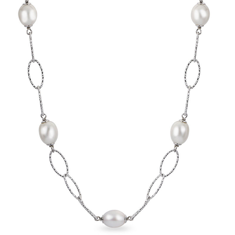 Main Image 1 of 8.5-9.0mm Oval Freshwater Cultured Pearl and Diamond-Cut Link Necklace in Sterling Silver-17"
