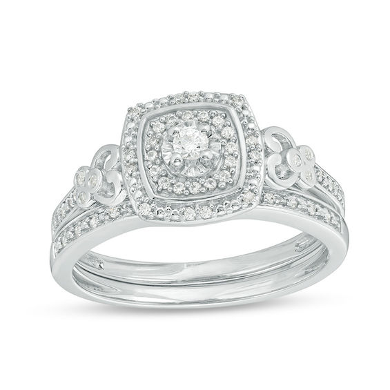 1/4 CT. T.w. Diamond Double Cushion Frame Filigree Bridal Set in Sterling Silver