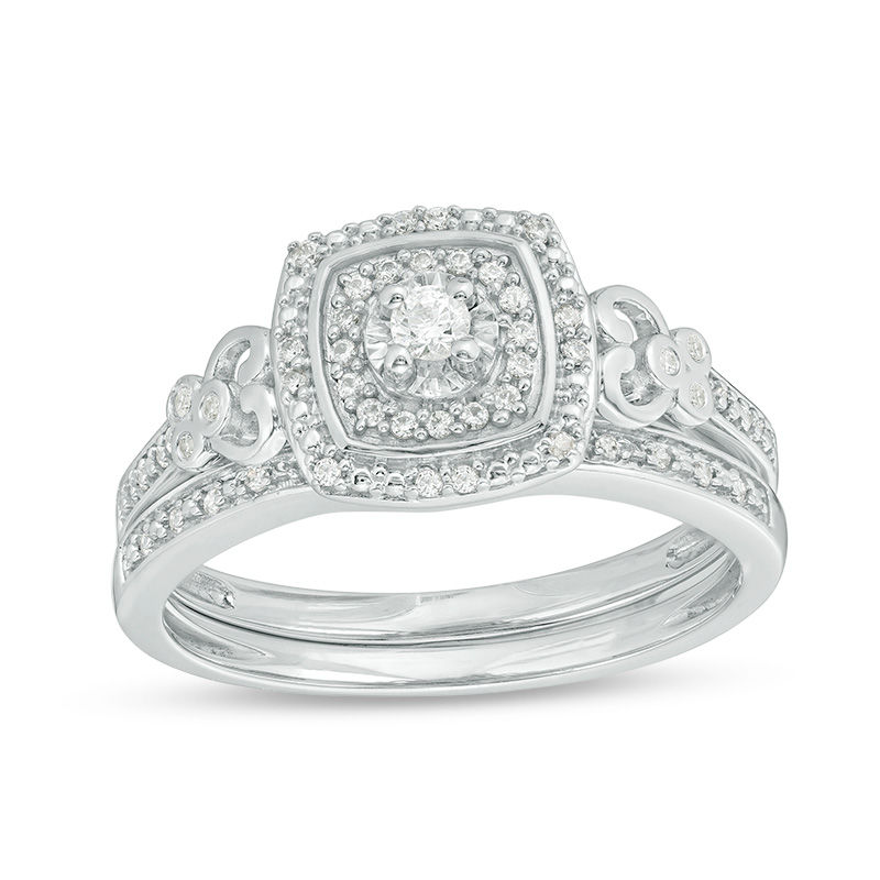 Main Image 1 of 1/4 CT. T.W. Diamond Double Cushion Frame Filigree Bridal Set in Sterling Silver
