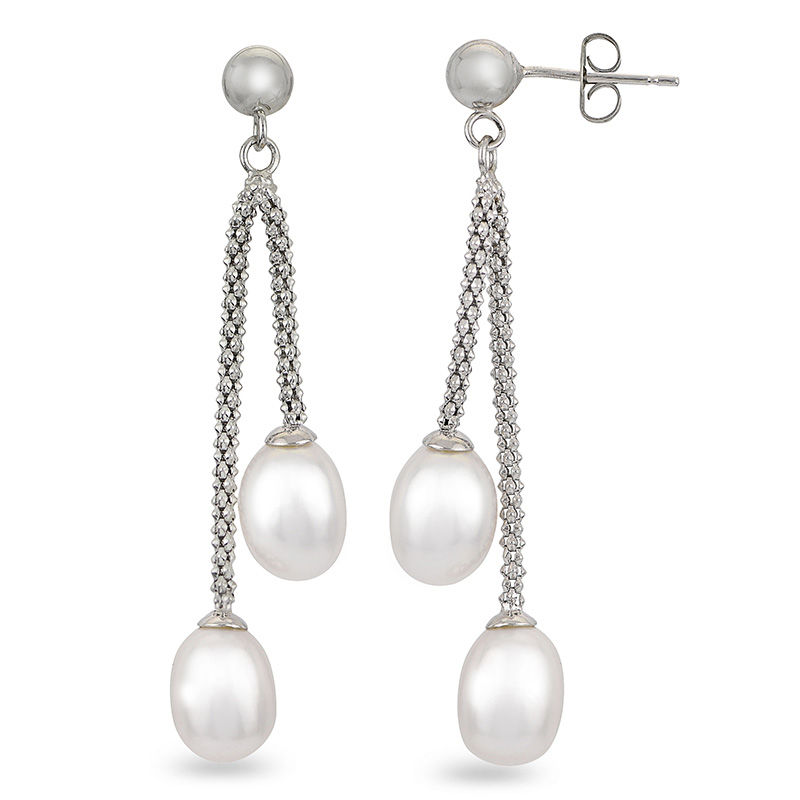 Main Image 1 of 7.5-8.0mm Baroque Freshwater Cultured Pearl Double Strand Drop Earrings in Sterling Silver