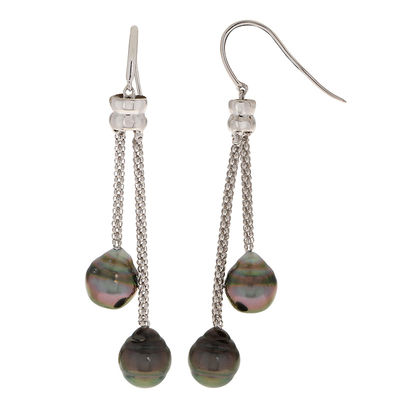Vintage Green & Burnt Orange Long Baroque Glass Pearls Sterling Silver Earrings 