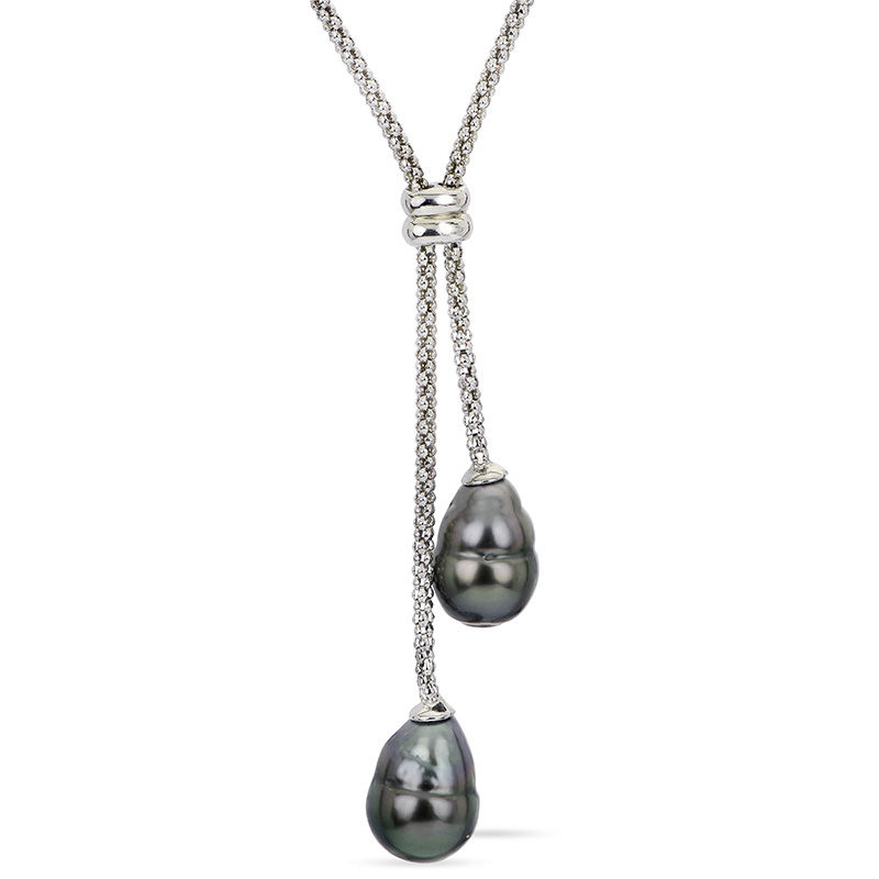9.0 10.0mm Oval Black Cultured Tahitian Pearl Lariat Necklace in