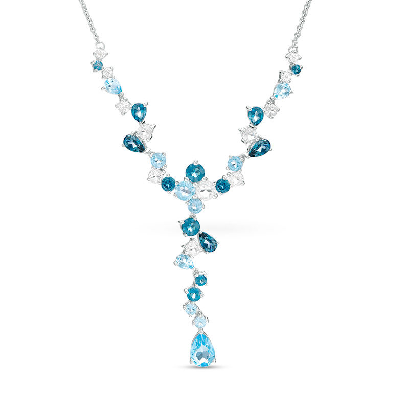 Main Image 1 of Multi-Shaped Blue and White Topaz Scattered "Y" Necklace in Sterling Silver - 17"
