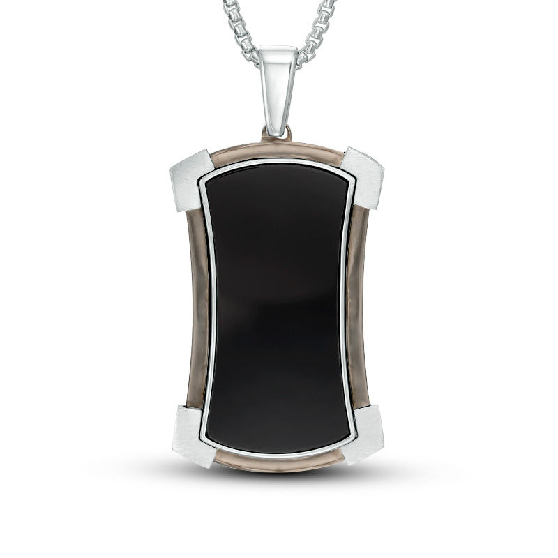 Main Image 1 of Men's Onyx Shield Dog Tag Pendant in Two-Tone Sterling Silver - 24"