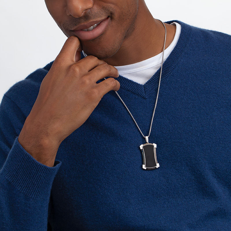 Main Image 2 of Men's Onyx Shield Dog Tag Pendant in Two-Tone Sterling Silver - 24"