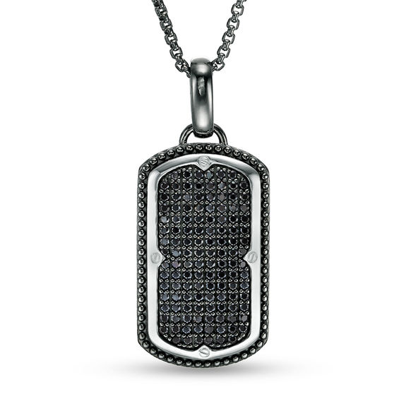 Men's Black Spinel Dog Tag Pendant in Two-Tone Sterling Silver - 24"