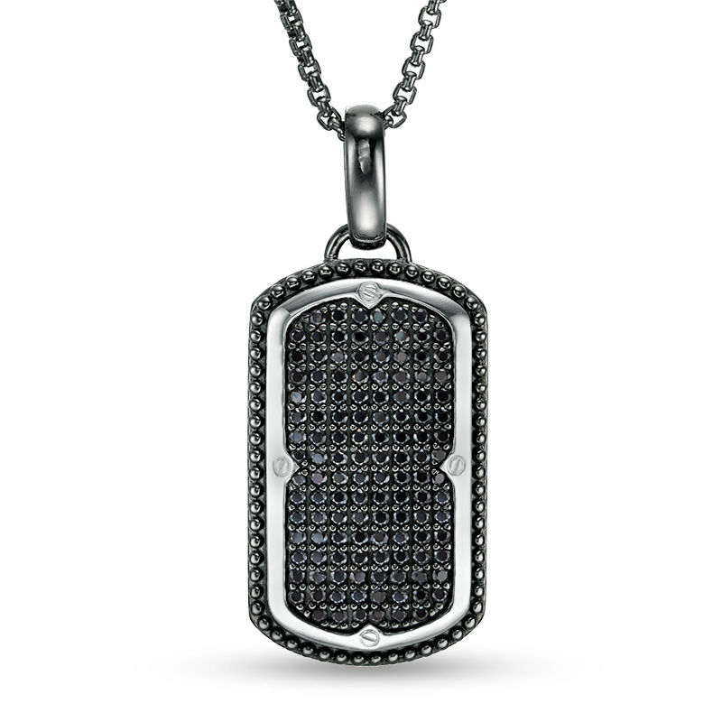 Main Image 1 of Men's Black Spinel Dog Tag Pendant in Two-Tone Sterling Silver - 24"