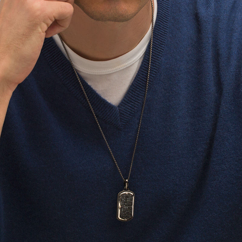 Main Image 2 of Men's Black Spinel Dog Tag Pendant in Two-Tone Sterling Silver - 24"