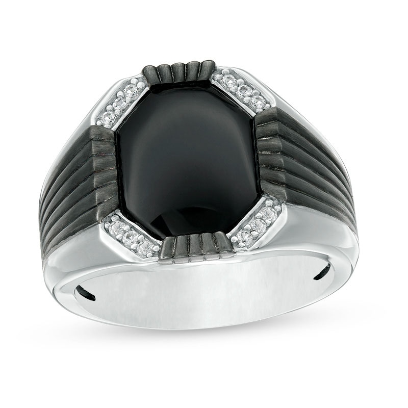 Main Image 1 of Onyx and White Topaz Signet Ring in Two-Tone Sterling Silver