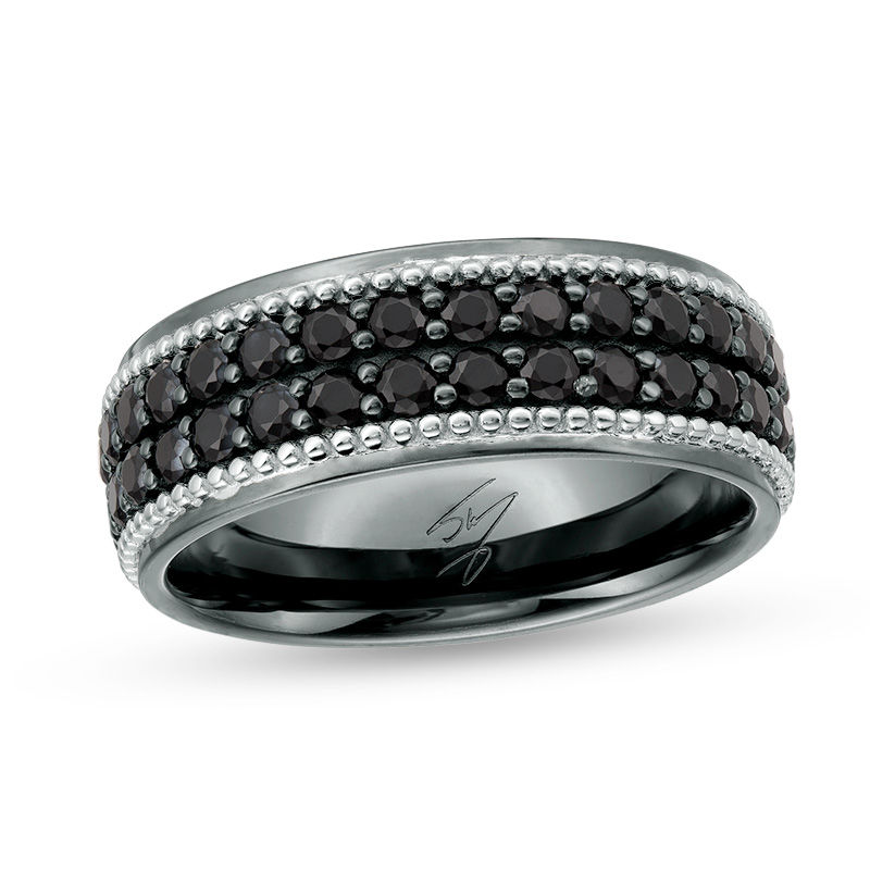 Main Image 1 of Black Spinel Double Row Beaded Ring in Sterling Silver with Black Rhodium